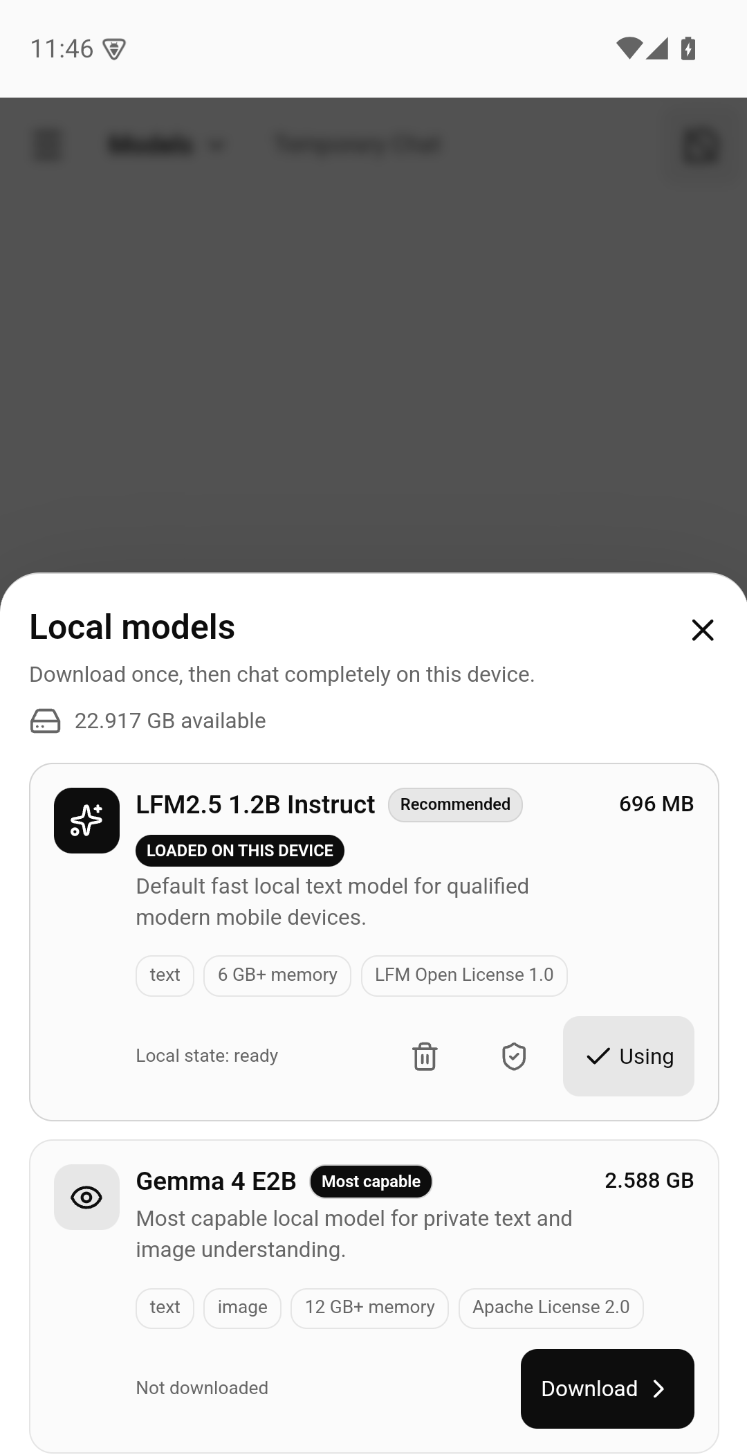 CuriousLM model manager with LFM2.5 1.2B active and Gemma 4 E2B available to download