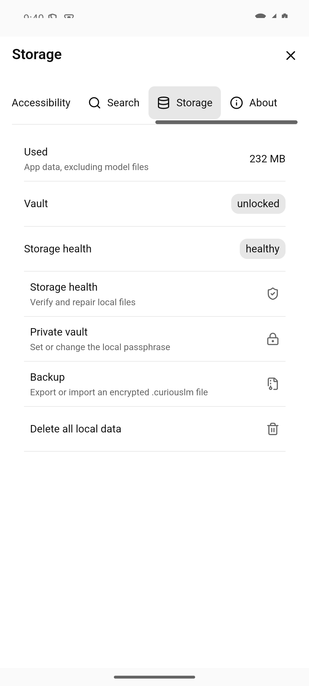 CuriousLM local storage and private vault controls