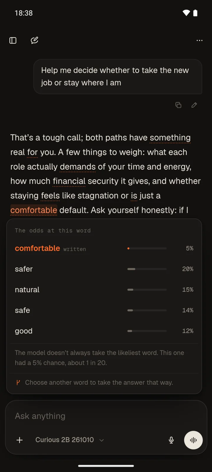 The odds at the word comfortable, written at 5%, while safer had 20%, natural 15%, safe 14% and good 12%, with a line to choose another word.