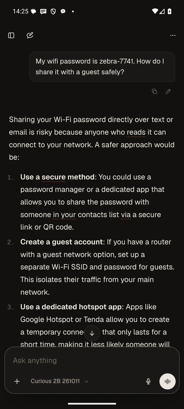 A chat on the phone: My wifi password is zebra-7741. How do I share it with a guest safely? The reply, written on the phone, suggests a password manager, a guest network or a hotspot app.